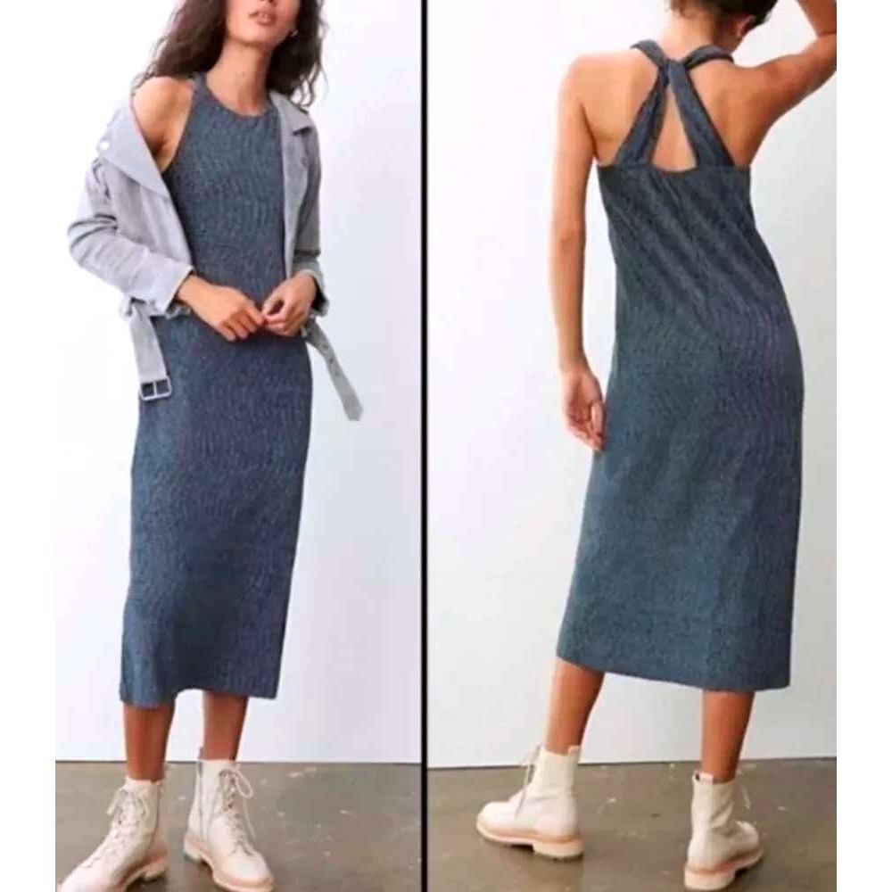 Maeve Anthropologie Adrienne Midi Dress Womens Medium Gray Ribbed Twist Back